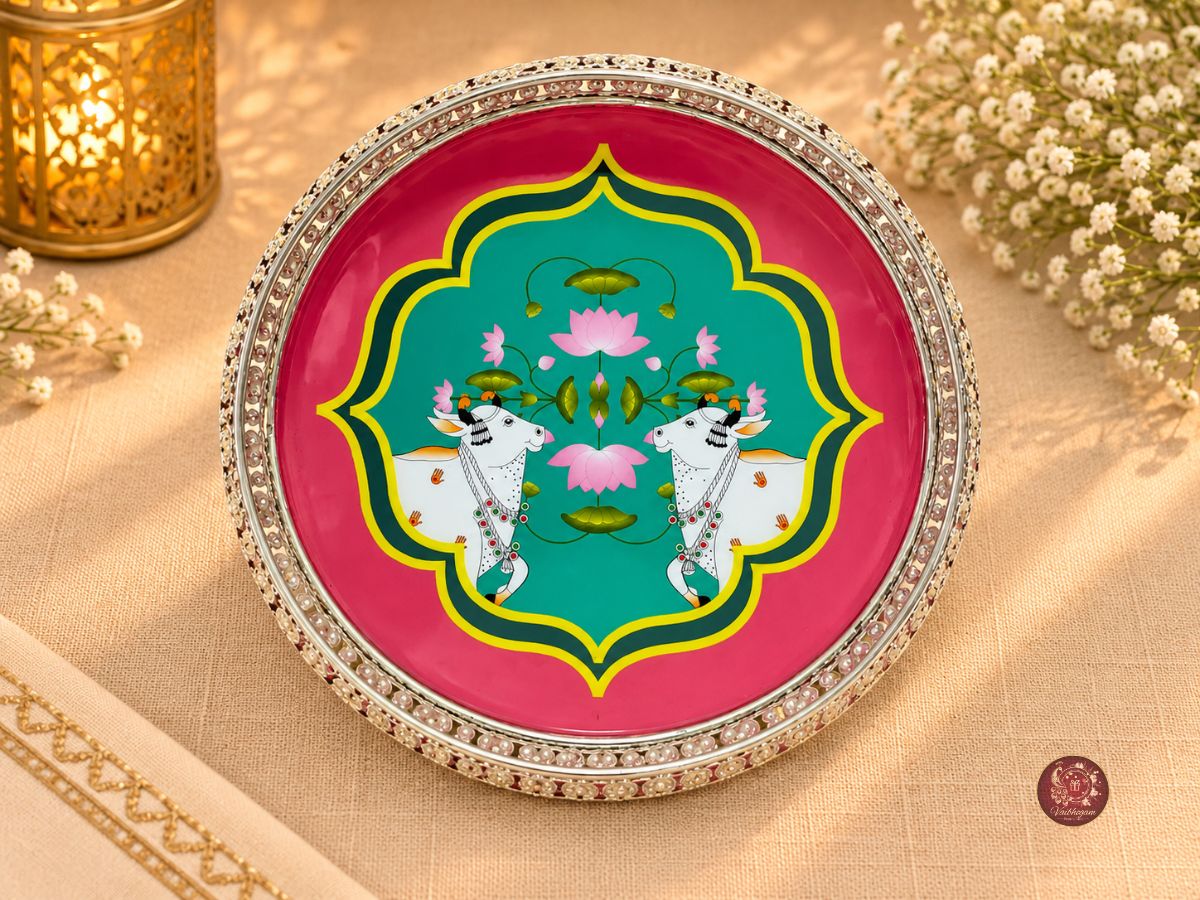 Pichwai White Metal Tray