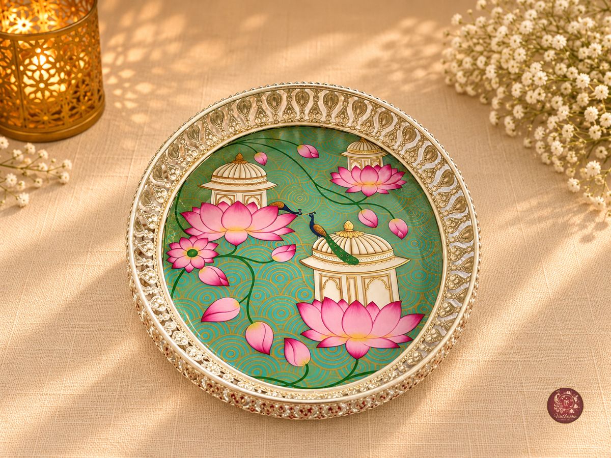 Pichwai White Metal Tray image 4